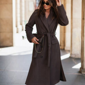 Women's simple long-sleeved solid color suit collar tie-up woolen jacket